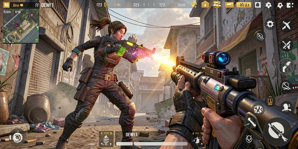 Screenshot gameplay DEWI11 menampilkan aksi seru dalam pertempuran TPS.