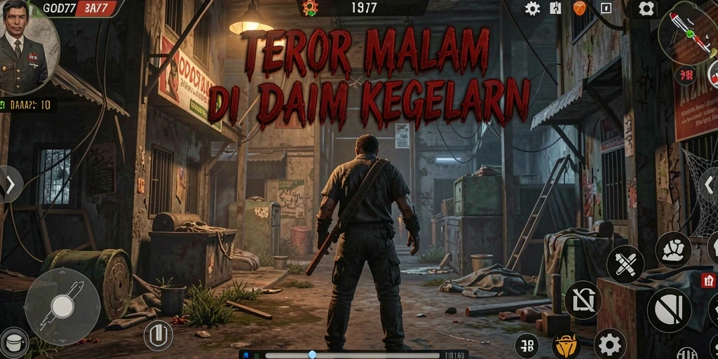 Screenshot gameplay <strong>GOD77</strong> yang menampilkan suasana horor yang mencekam.