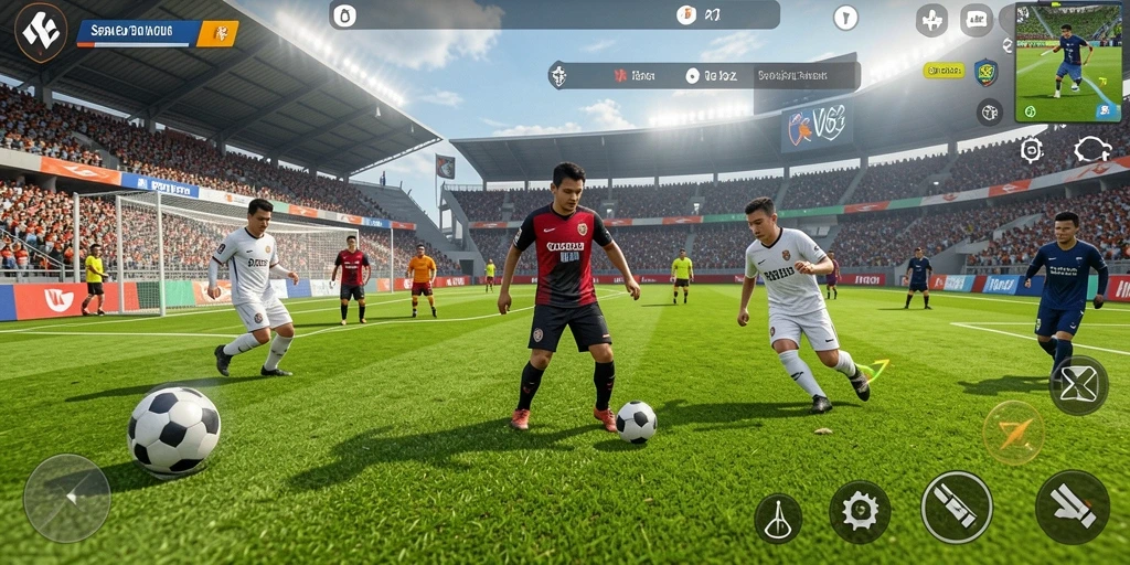 Tampilan gameplay seru di lapangan sepak bola.